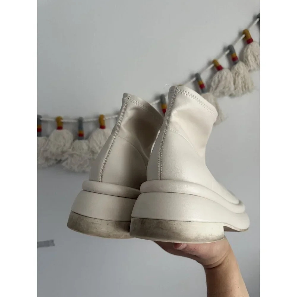 Charles & Keith Nola Leather Chalk White Slip On Ankle Booties Minimalist 38